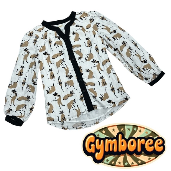 Gymboree Girls Size 7 Retro Cat Print Button Down Shirt White Black Tan - Picture 1 of 6